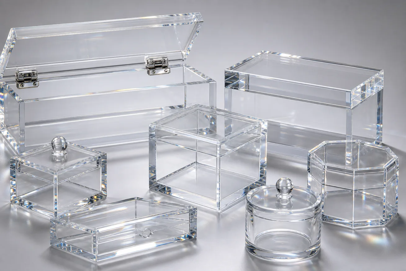 Custom branded acrylic boxes with logo printing and specialty finishing