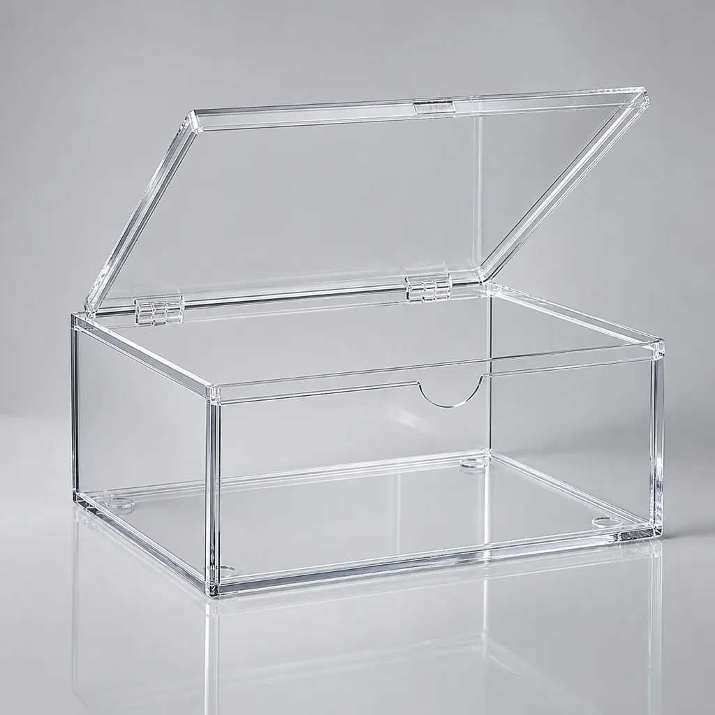 Luxury acrylic shoe box with mirrored lid, navy velvet lining, and white sneakers