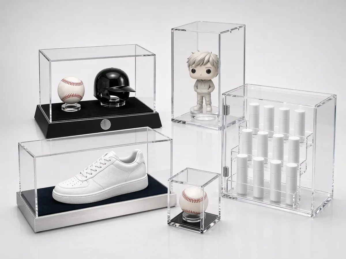 Custom acrylic display cases for sports memorabilia, collectible figures, sneakers, and retail countertop merchandising