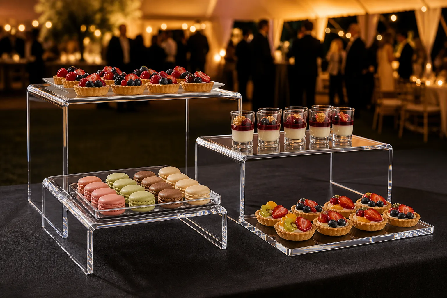 Four graduated clear acrylic dessert display risers arranged as a stepped landscape on an event catering dessert table with plated tarts and macarons