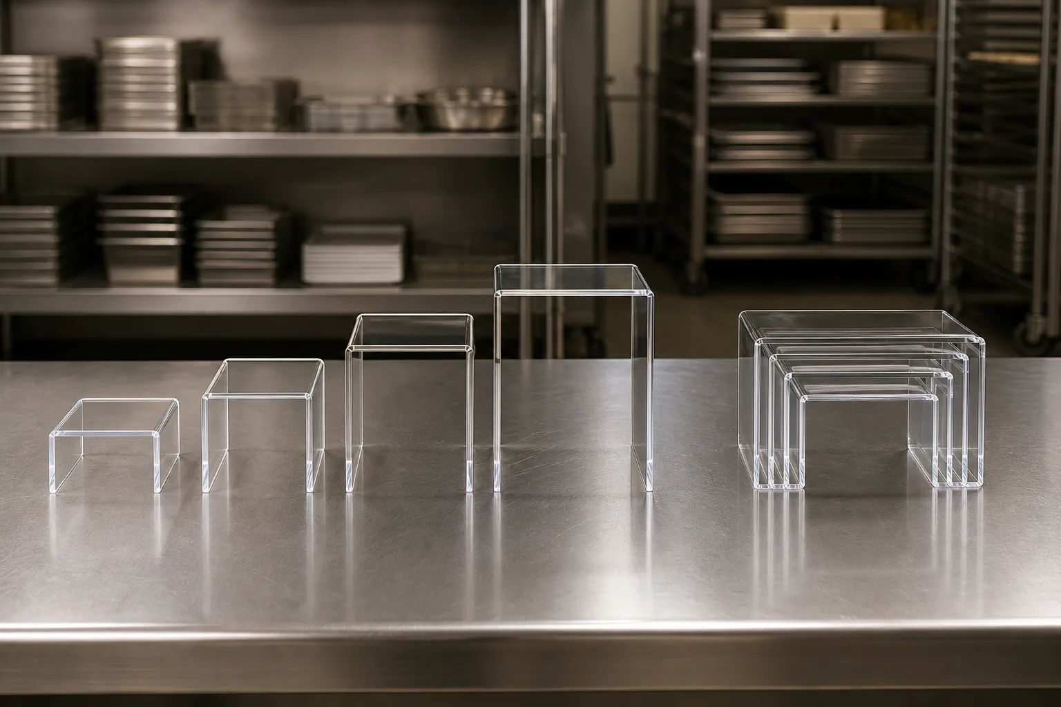 Four graduated square clear acrylic dessert risers shown standing separately and nested into one compact stack on a hotel prep counter