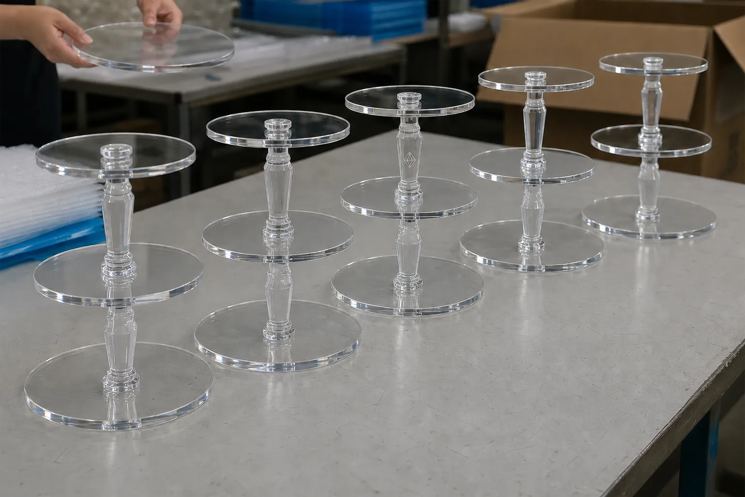 Five identical two-tier clear acrylic cake stands with turned polished columns, unloaded and lined up on a factory packing bench with foam wrap and cartons behind