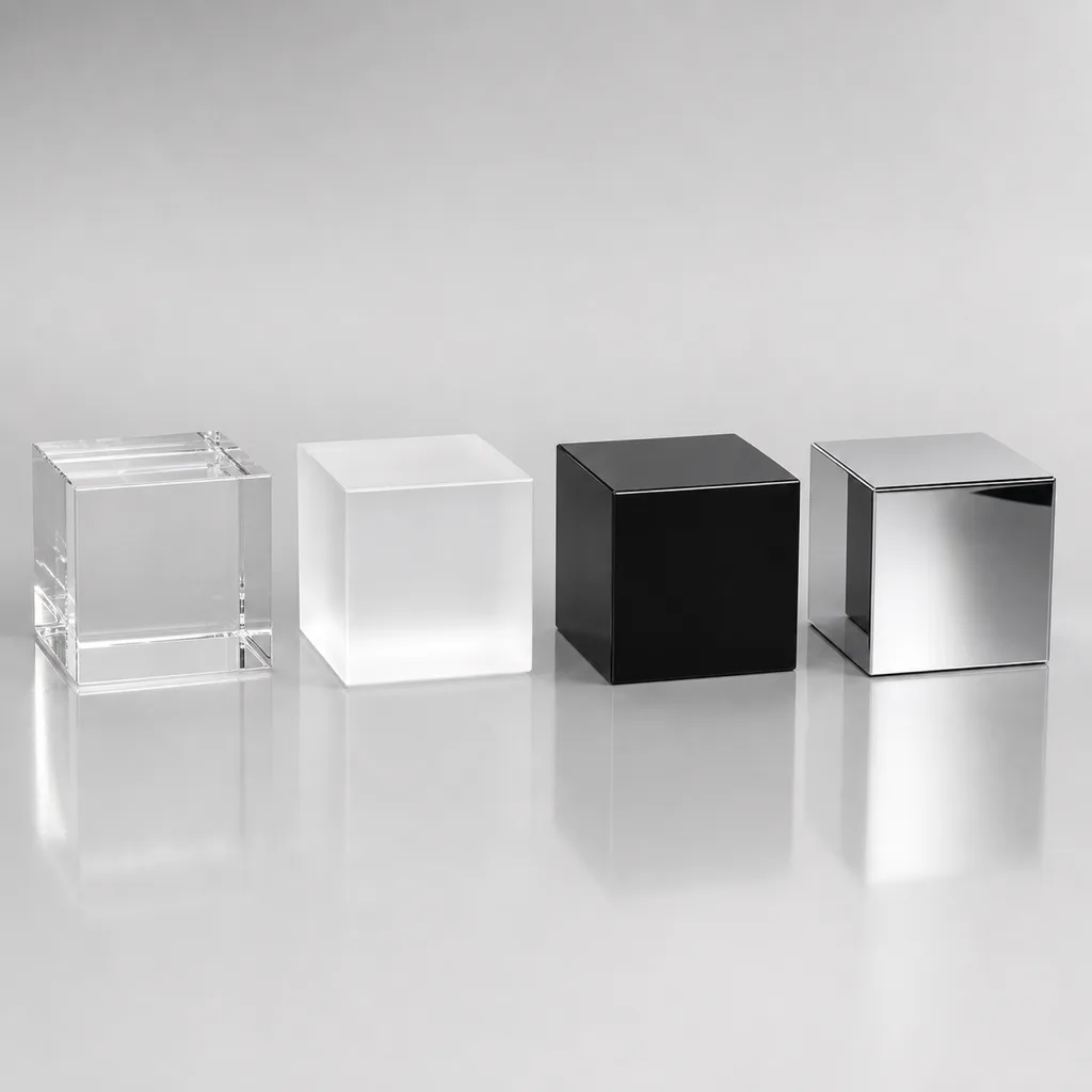Clear, frosted white, matte black, and mirrored acrylic pedestals shown side by side under display lighting