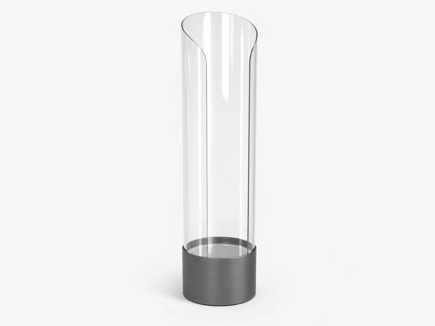 Isolated tinted acrylic pedestal-form concept; final floor-standing scale is set by the approved drawing