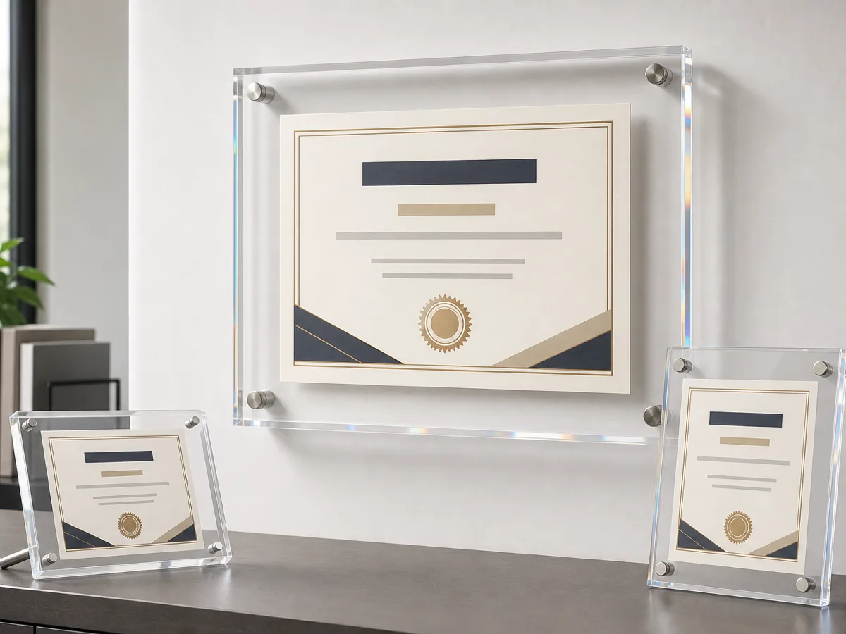 Clear acrylic standoff certificate frame holding a diploma on an office wall, with desk-stand and magnetic certificate frame variants alongside