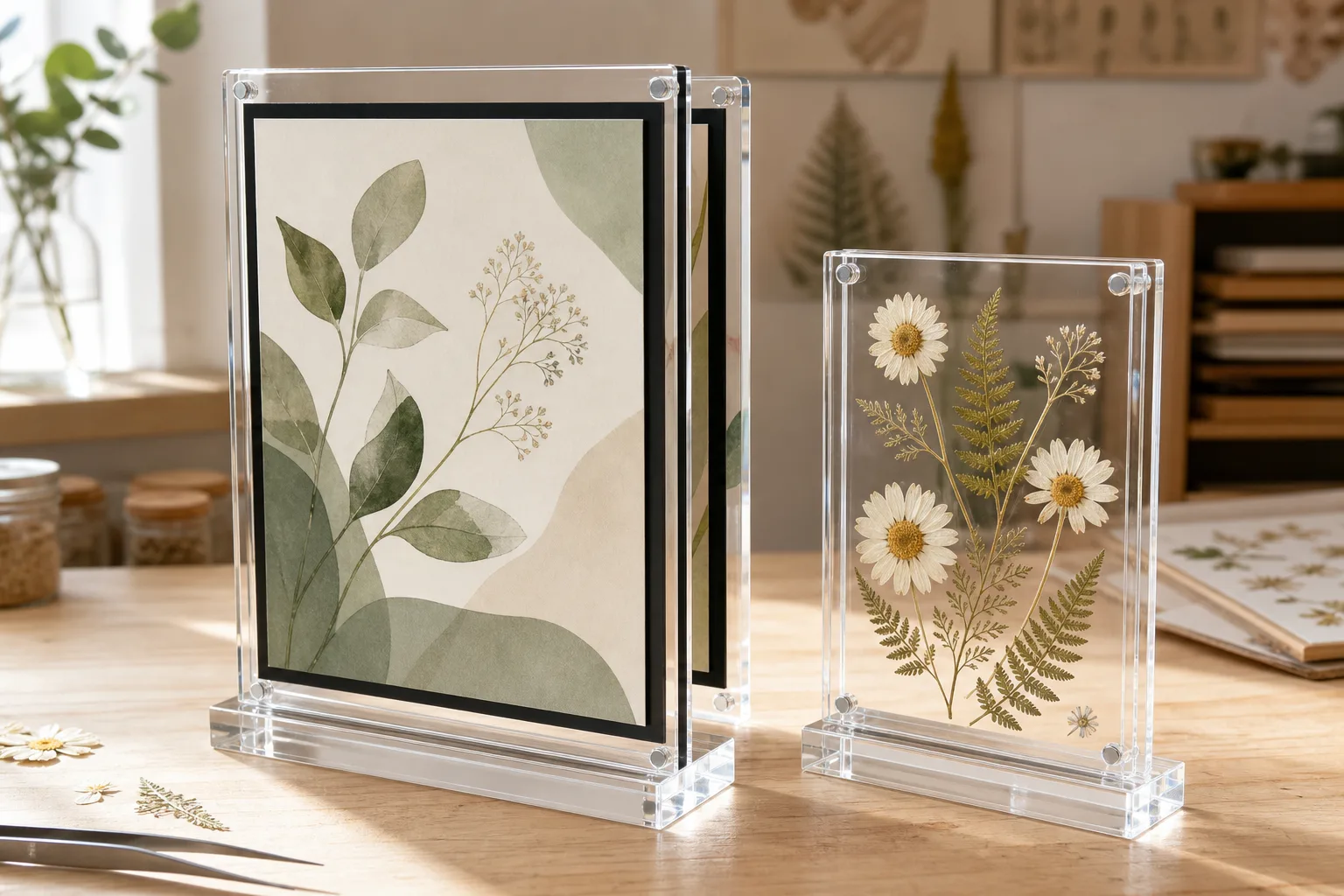 Dual-display double sided acrylic frame with an opaque black center core beside a pressed-flower keepsake frame on a studio workbench