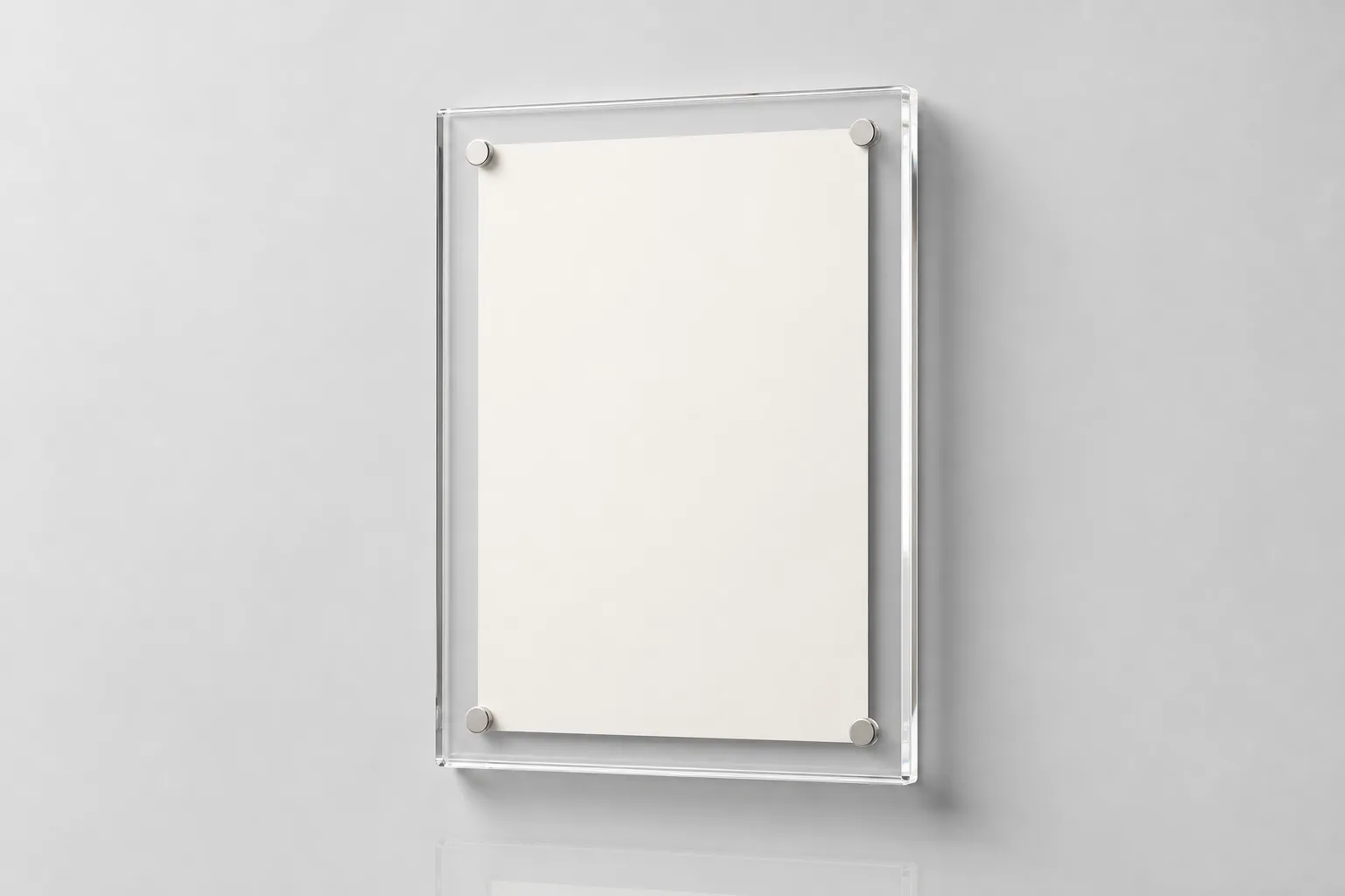Wall-mounted acrylic magnetic frame hanging flush to a wall with a certificate insert and corner magnetic closure
