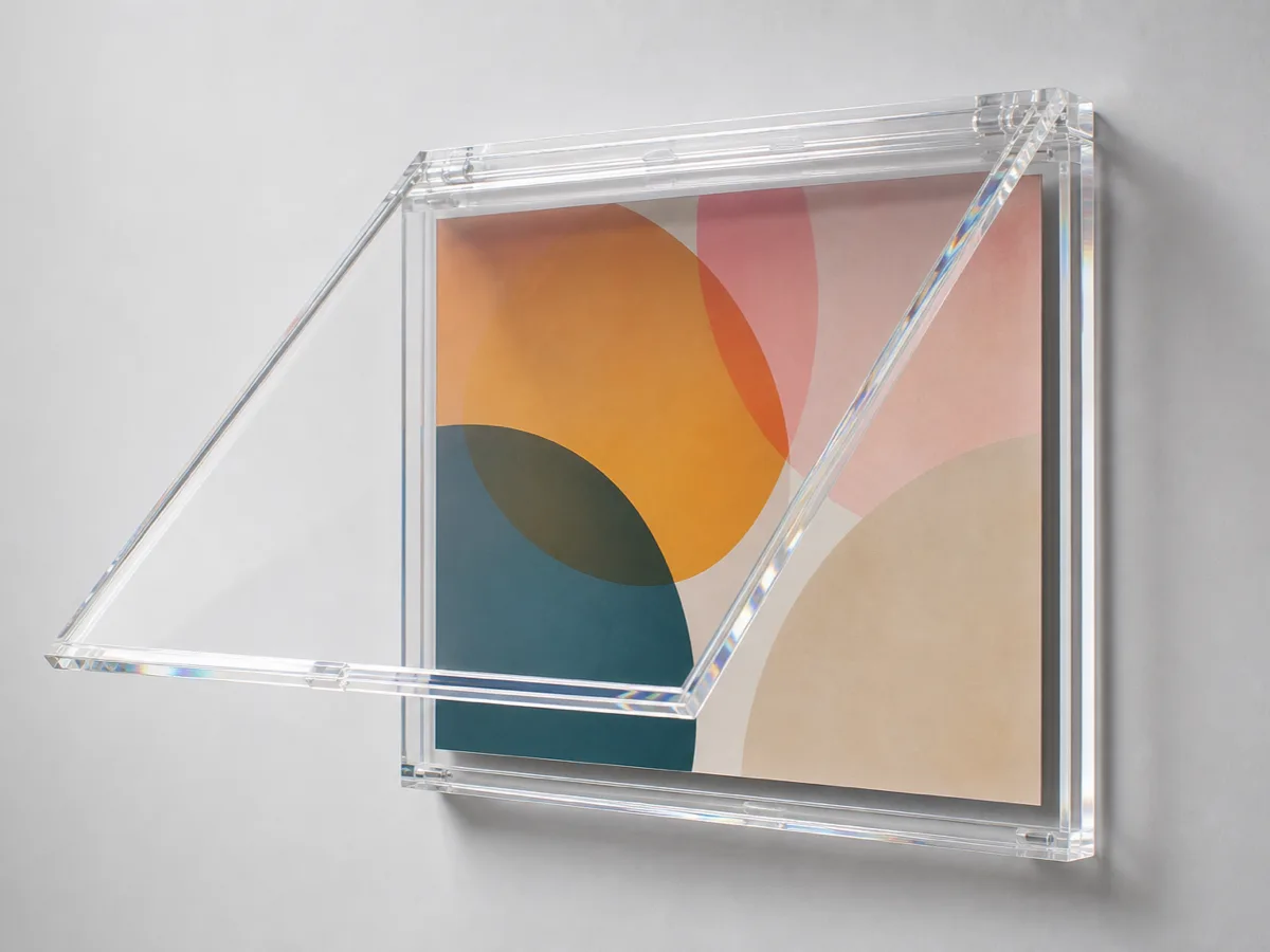 Acrylic snap-frame poster display with a hinged front edge lifted open to show fast poster changing
