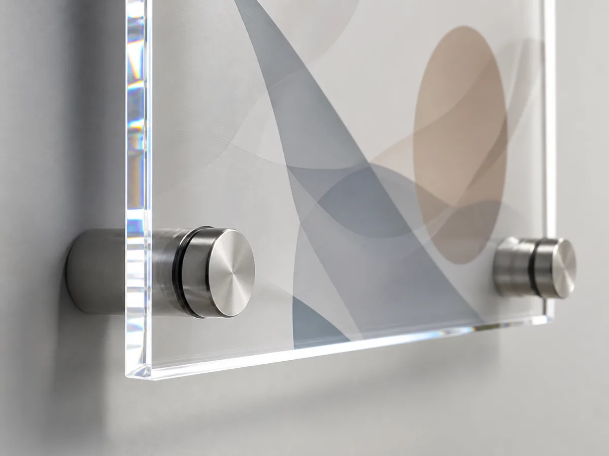 Standoff acrylic poster frame with four brushed stainless barrels holding a large graphic off a wall