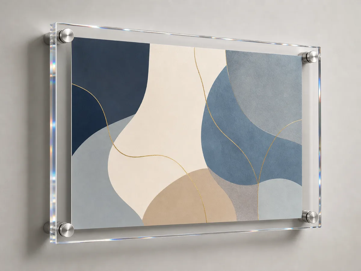 Large acrylic poster frame standoff-mounted on a wall, holding a 24×36 graphic with a clean frameless floating look