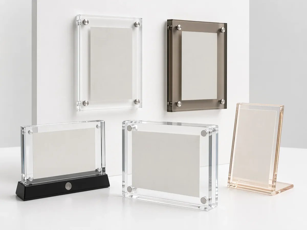 Collection of custom acrylic frames — floating, magnetic, tabletop, and wall-mounted designs
