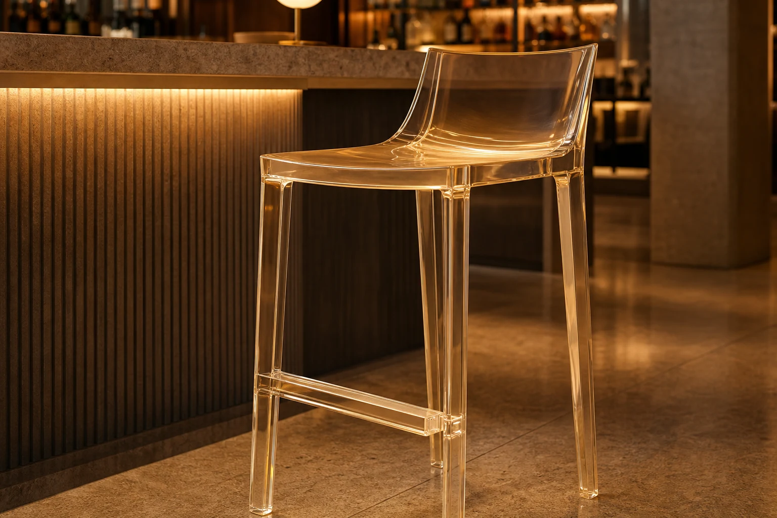 Clear cast acrylic counter-height stool with a curved seat and footrest, photographed at a hotel lobby bar counter
