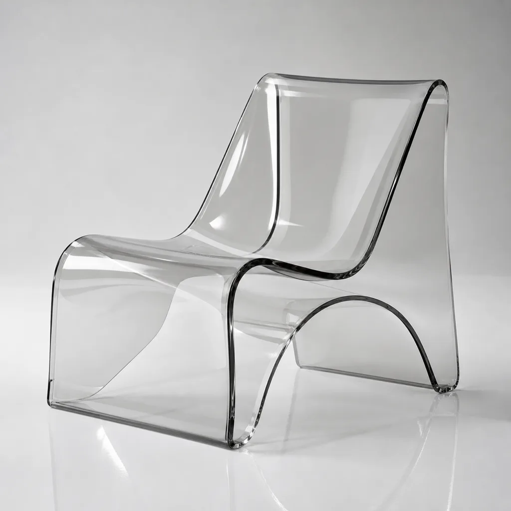 Clear cast acrylic lounge chair with a deeper recline and an off-white upholstered cushion, photographed in a hotel lobby lounge