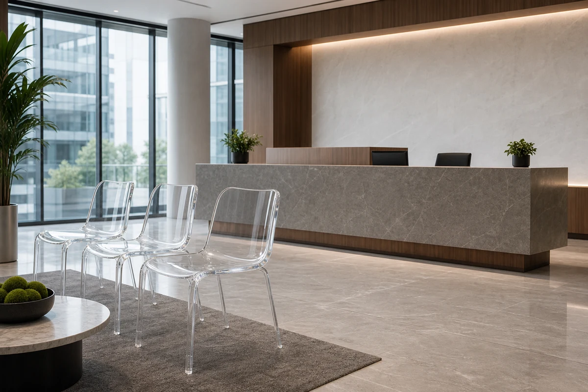 Clear cast acrylic side chairs in a corporate HQ reception