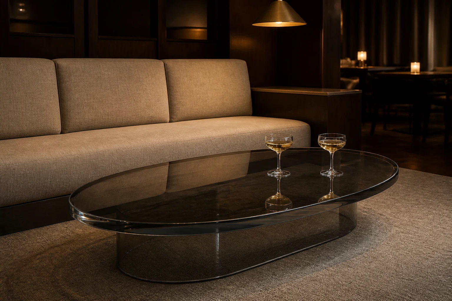 Clear cast acrylic oval boat-shaped coffee table with diamond-polished bull-nose edge between two off-frame lounge chairs