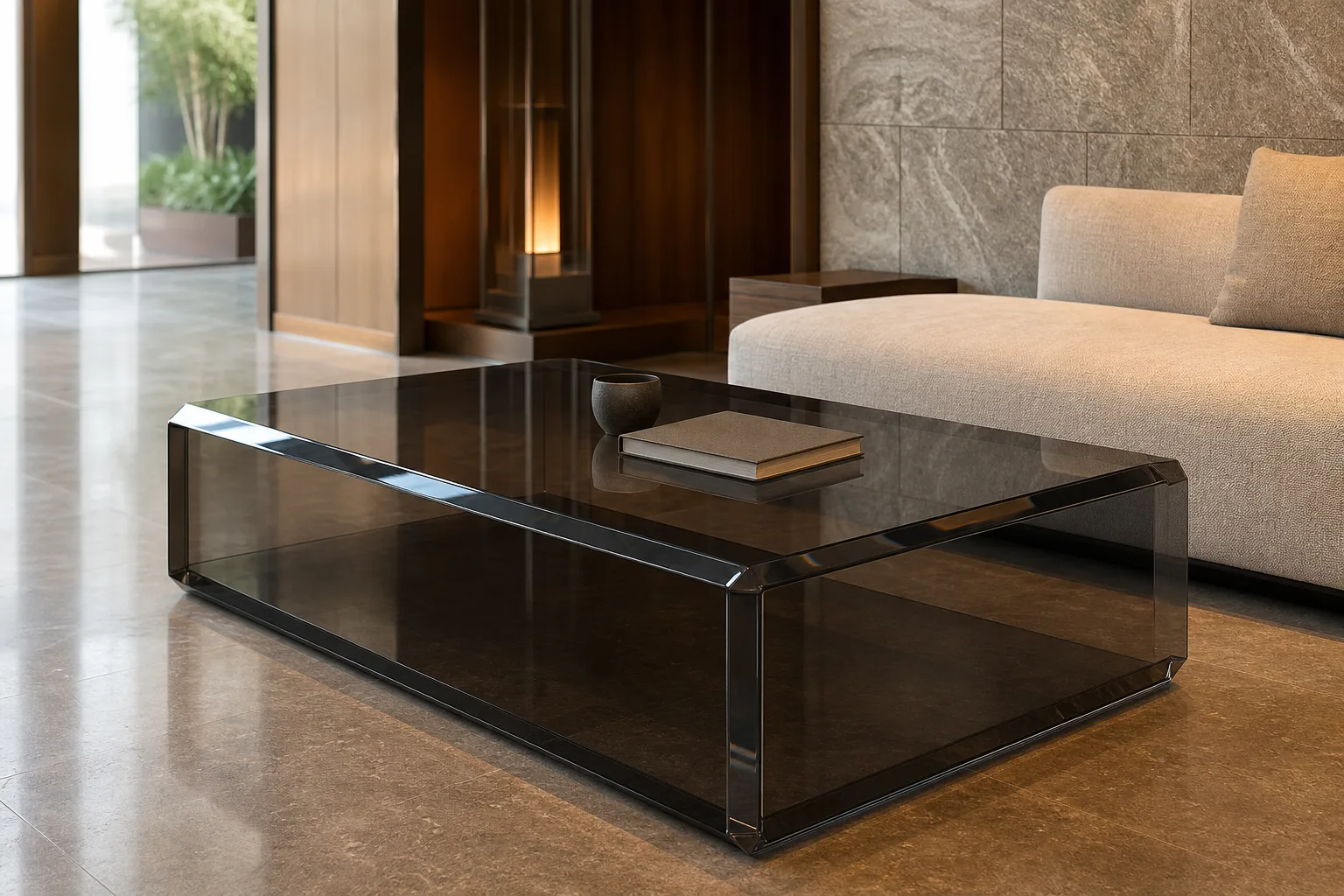 Clear cast acrylic rectangular coffee table with thick 45° chamfered diamond-polished edges in a boutique hotel lobby setting