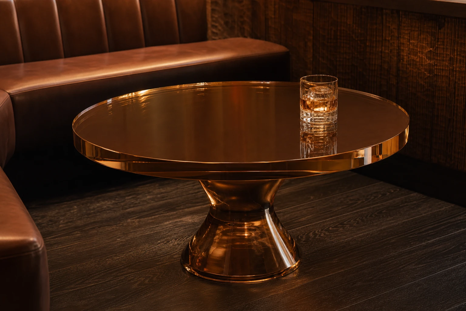 Clear cast acrylic round coffee table on a single sculptural pedestal base, polished mirror-clear surface in a private members' lounge