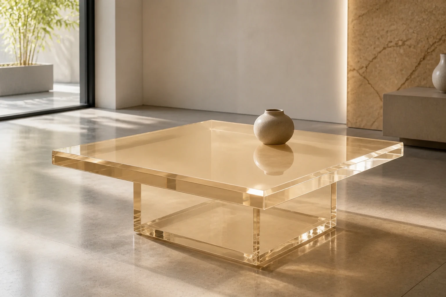 Clear cast acrylic square coffee table with chamfered edges, photographed at low angle in a luxury retail showroom