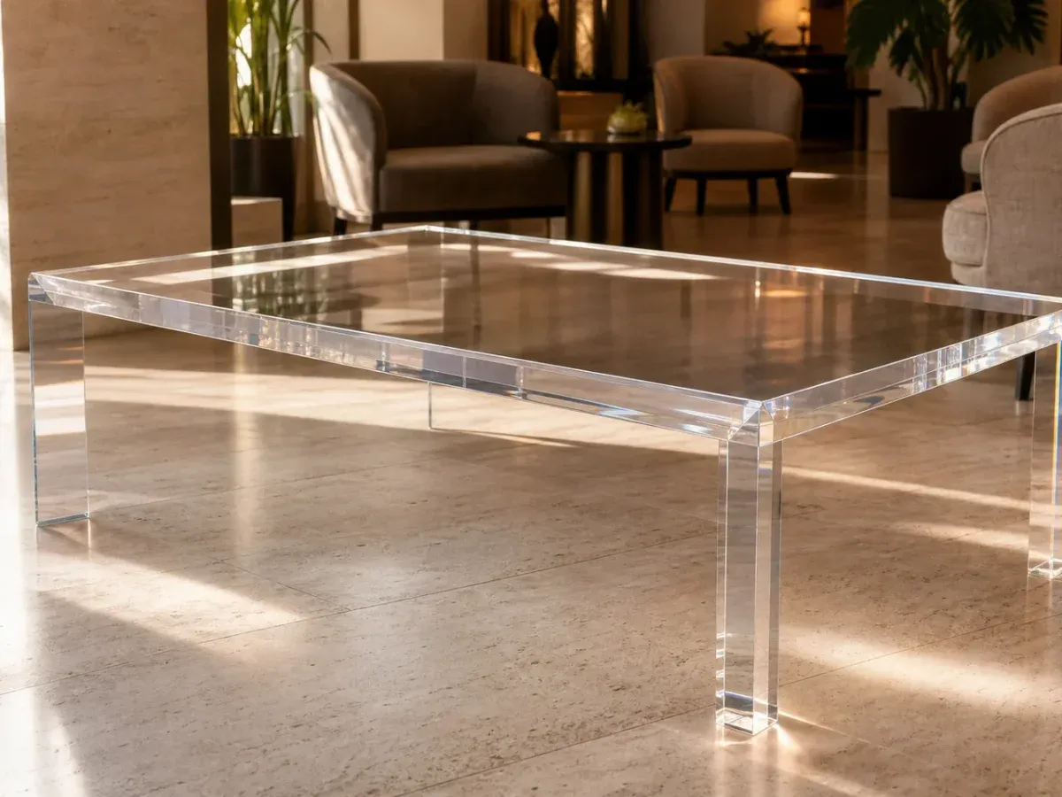Single clear cast acrylic coffee table with thick 45° chamfered diamond-polished edges, photographed at low angle in a boutique hotel lobby