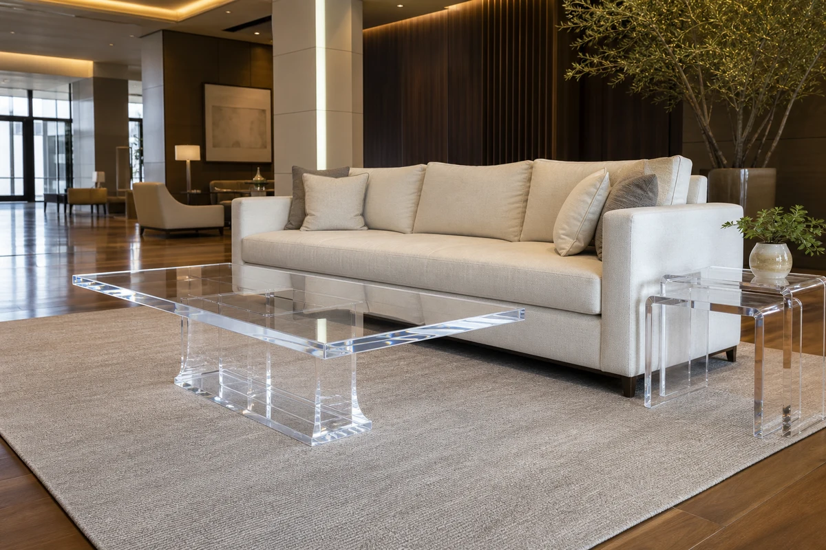 Clear cast acrylic coffee table with nesting side tables in a boutique hotel lobby