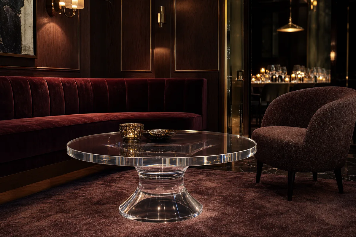 Clear cast acrylic table set for service in a fine-dining restaurant private dining room