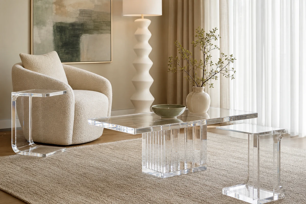 Coordinated set of clear cast acrylic furniture — coffee, side, accent chair — in a designer styled living zone