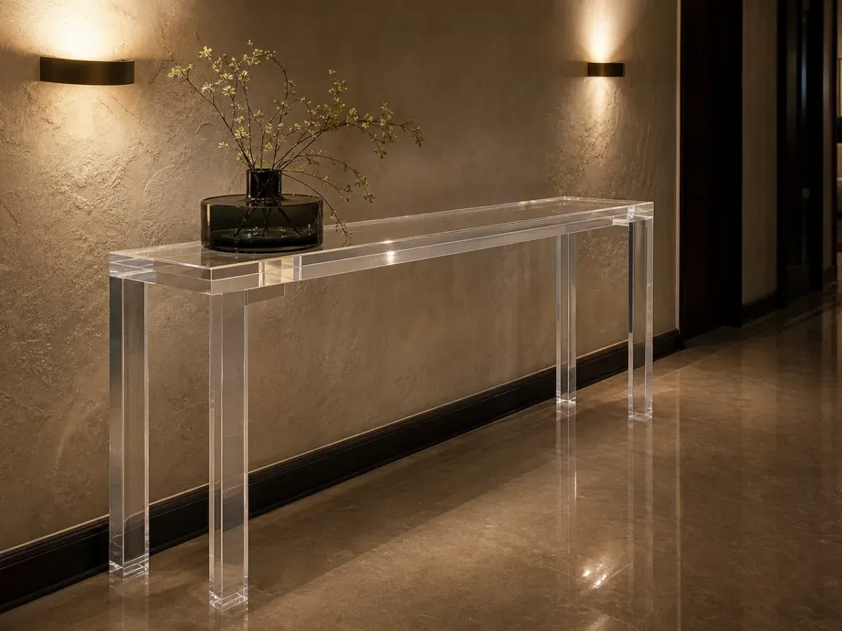 Long rectangular clear cast acrylic console table wall-aligned in a boutique hotel lobby corridor with soft sconce uplighting