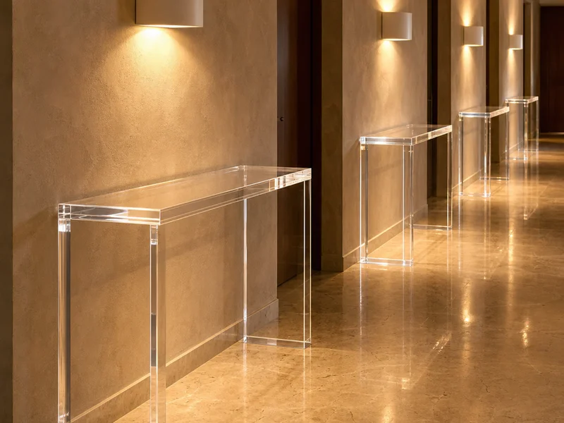 Boutique Hotel — 12-Property Standard Rectangular Console Rollout. 12 pieces · 25mm clear cast acrylic · 1.4m × 0.35m × 80cm · 4-leg base with reinforced leg-to-top gussets · chamfered edges · subsurface engraved property mark on top · batch-matched clear tone across all 12 sites · individually crated for distributed-property shipping