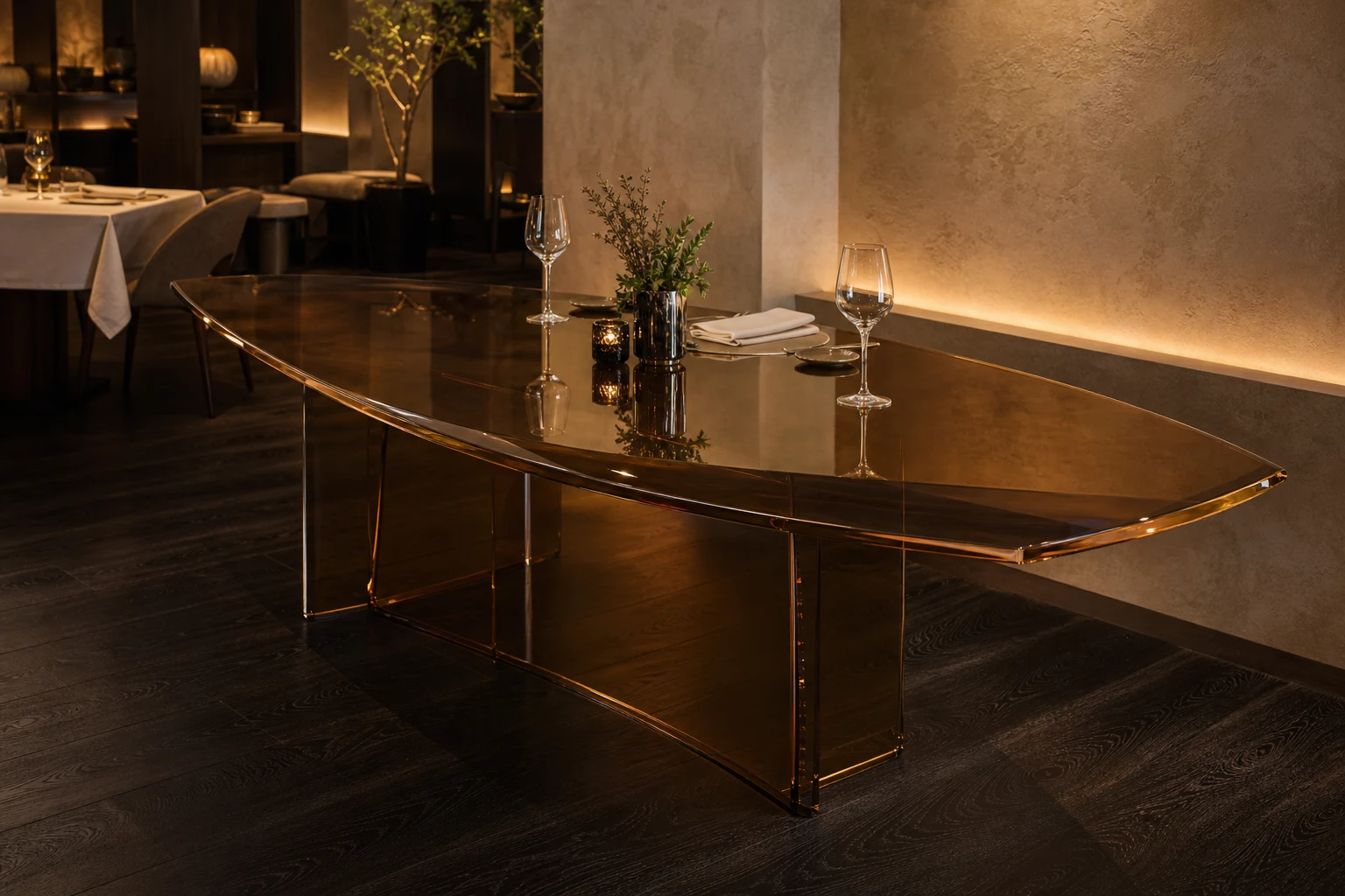 Boat-shaped clear cast acrylic dining table that is wider at the center than at the ends, in a corporate executive boardroom with leather chairs and subsurface logo engraving on the center top
