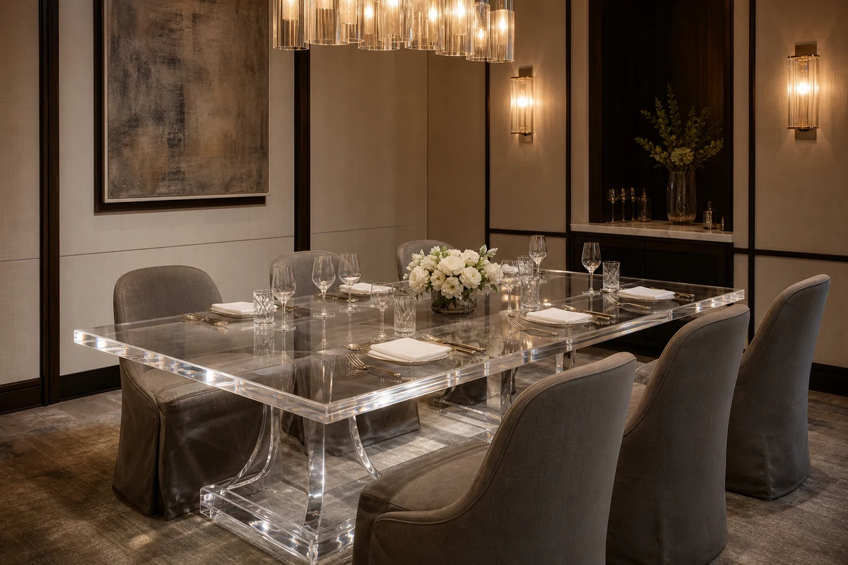 Clear cast acrylic dining table set for service in a fine-dining restaurant private dining room
