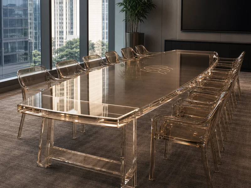 Corporate Boardroom — Boat-Shaped Dual-Use Statement Table. 1 statement piece · 40mm bronze-tinted cast acrylic · 2.4m × 1.2m widest at center · boat-shape profile · apron-reinforced 4-leg base · subsurface laser-engraved corporate mark on center top · paired with 12 matching bronze-tinted dining chairs on same PO