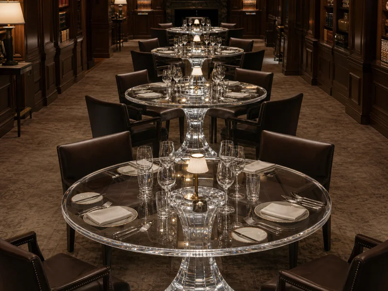 Private Members' Club — Round Library Dining Tables. 10 tables · 30mm clear cast acrylic · 1.6m diameter · single sculptural tapered pedestal · bull-nose rounded edge · subsurface engraved club mark on the top · paired with 60 matching dining chairs (6 per cover) on coordinated PO · clear-with-bronze-accent variant on 2 hero-room tables