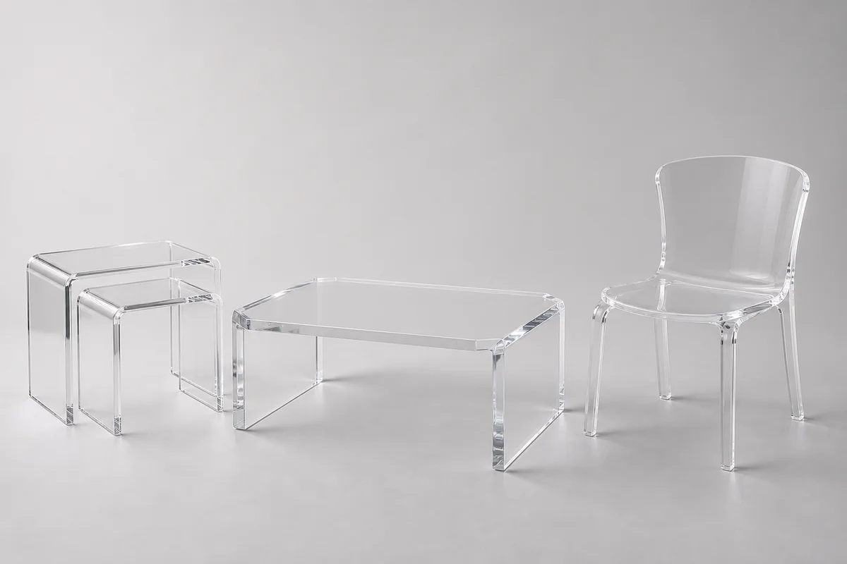 Editorial group shot of custom acrylic furniture on a neutral surface — a chamfered-edge coffee table, a pair of nesting side tables, and a single accent chair, all in clear cast acrylic with mirror-polished edges