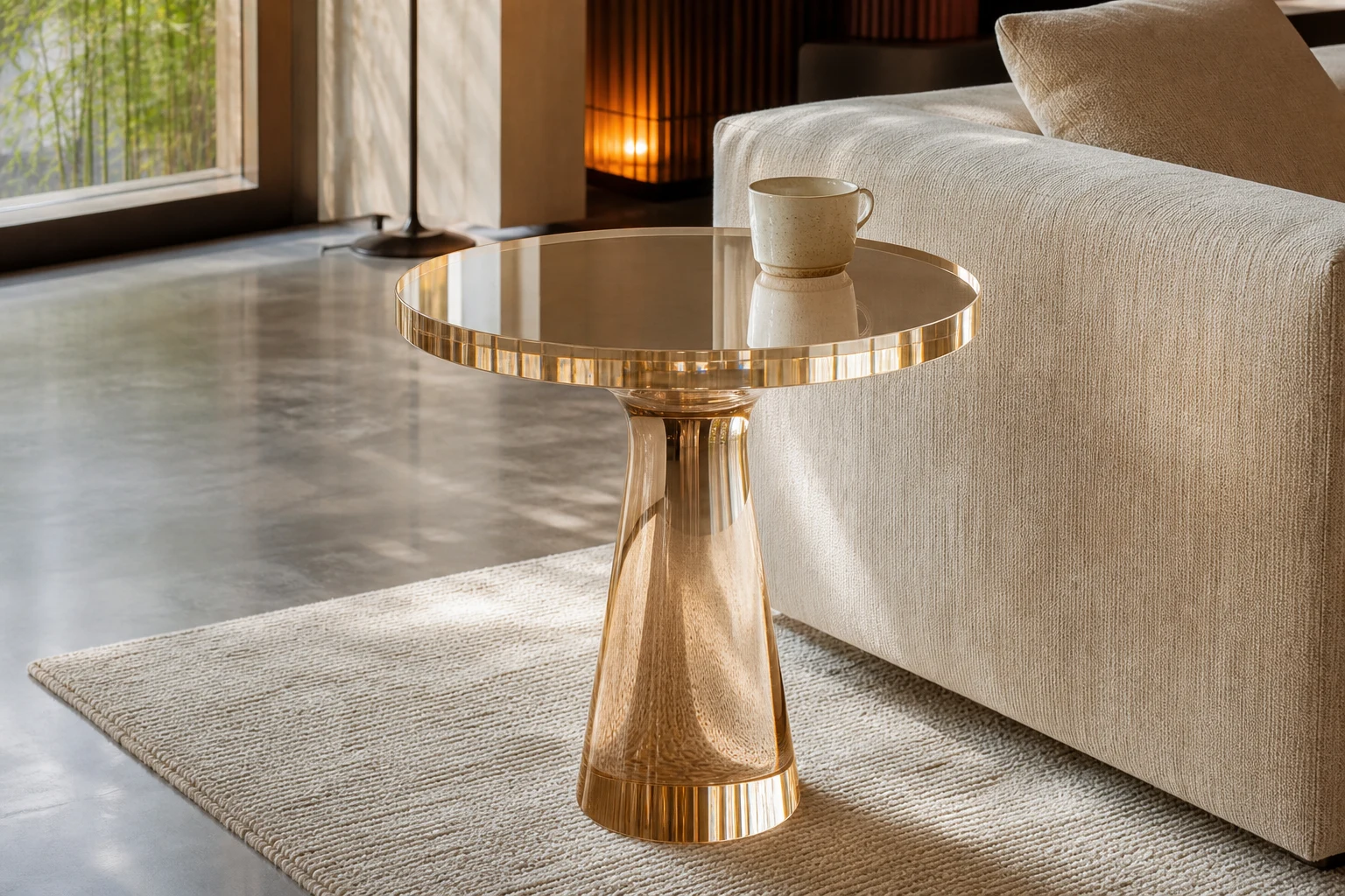 Amber-tinted acrylic pedestal side table with a round top in an interior setting