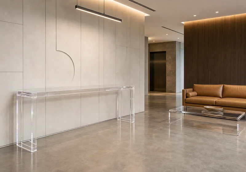 Clear cast acrylic console table and coffee table in a corporate HQ lobby reception