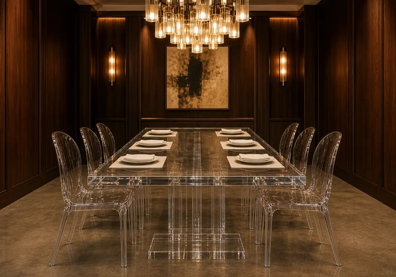 Clear cast acrylic dining table set for service in a fine-dining restaurant private dining room