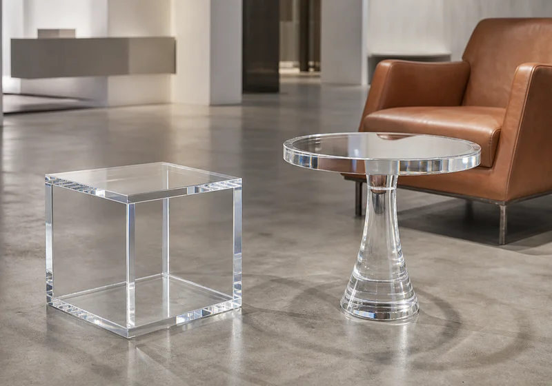 Clear cast acrylic accent cube and round pedestal side table in a luxury retail showroom