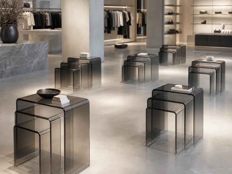 Luxury Retail Nesting Side Tables — 30-Unit Rollout. 30 pieces (10 sets of 3) · 22mm cast acrylic · Stepped heights · Smoke tint match across batches · Diamond edge