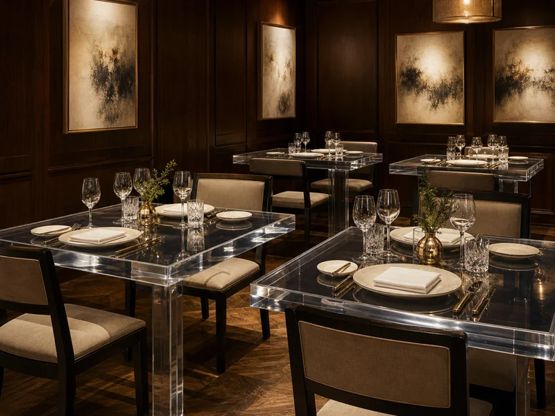 Fine-Dining Private-Room Dining Tables. 12 pieces · 35mm cast acrylic tops · 2.0m × 1.0m · Multi-pedestal base · UV-stable clear · Diamond-polished edge