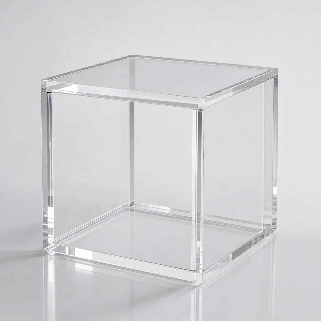 Solid clear cast acrylic cube side table next to a leather lounge armchair, mirror-polished faces and seamless mitered corners