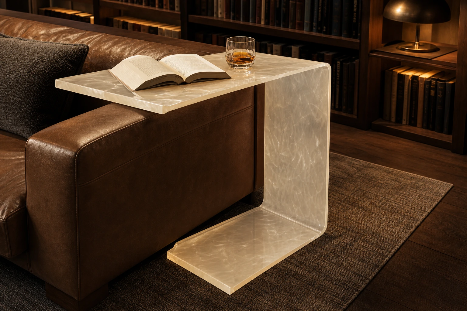 Clear cast acrylic C-shaped side table sliding under a contemporary sofa, surface positioned over the seat at laptop height in a members' club lounge