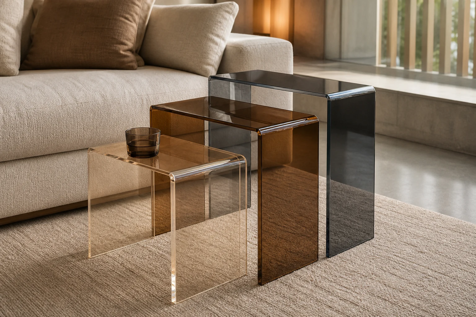 Three clear cast acrylic side tables in stepped heights nested together, photographed in a hotel guest room with 2mm clearance visible between nested pieces