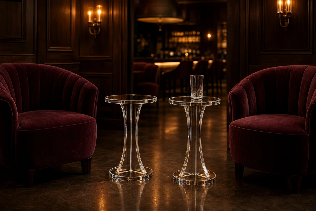 Pair of tall narrow clear cast acrylic drink tables between lounge chairs in a restaurant cocktail lounge waiting zone, dim warm ambient lighting
