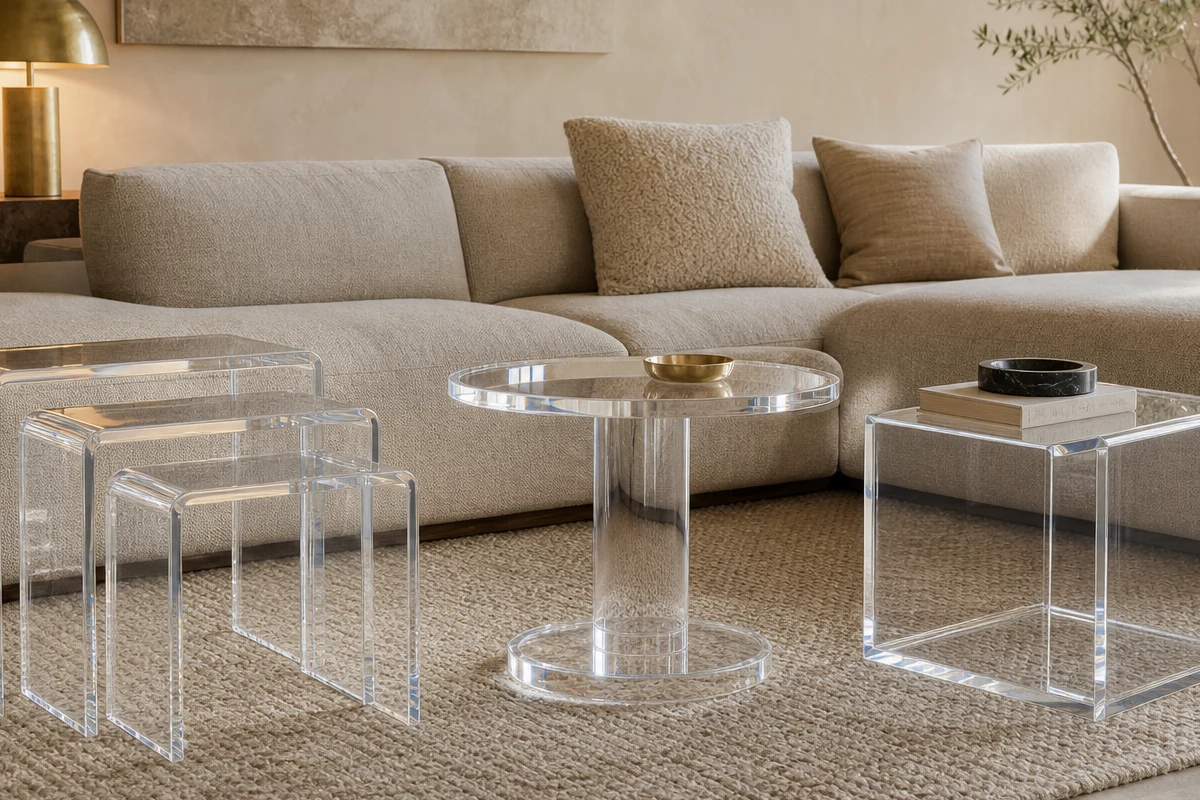 Coordinated set of clear cast acrylic side tables — nesting trio, round pedestal, and accent cube — in a designer-styled residential living zone