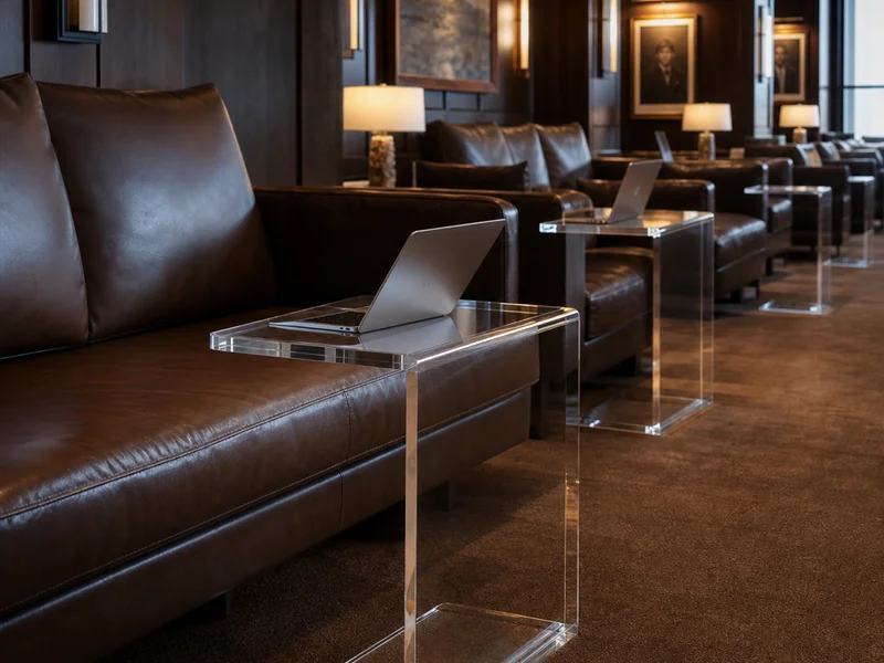 Members' Club — 10-Piece C-Table Lounge Series. 10 pieces · 20mm clear cast acrylic top · C-frame cantilever · 50cm reach · subsurface laser-engraved club mark on the visible top · 30mm solid acrylic base counterweight for stability under laptop load