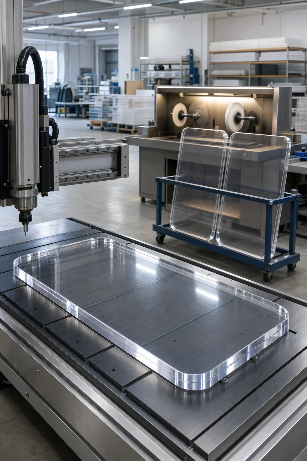 Wetop Acrylic factory floor — CNC machining a cast PMMA furniture top, in-house diamond polishing line