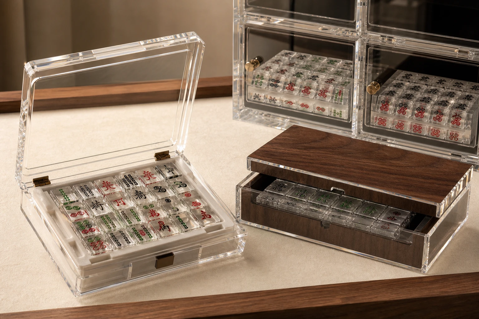Editorial group shot of three custom acrylic mahjong cases on a felted lounge surface — single-set travel case with one lid open, a wood-laminated boxed-gift case, and a section of a member-locker grid wall