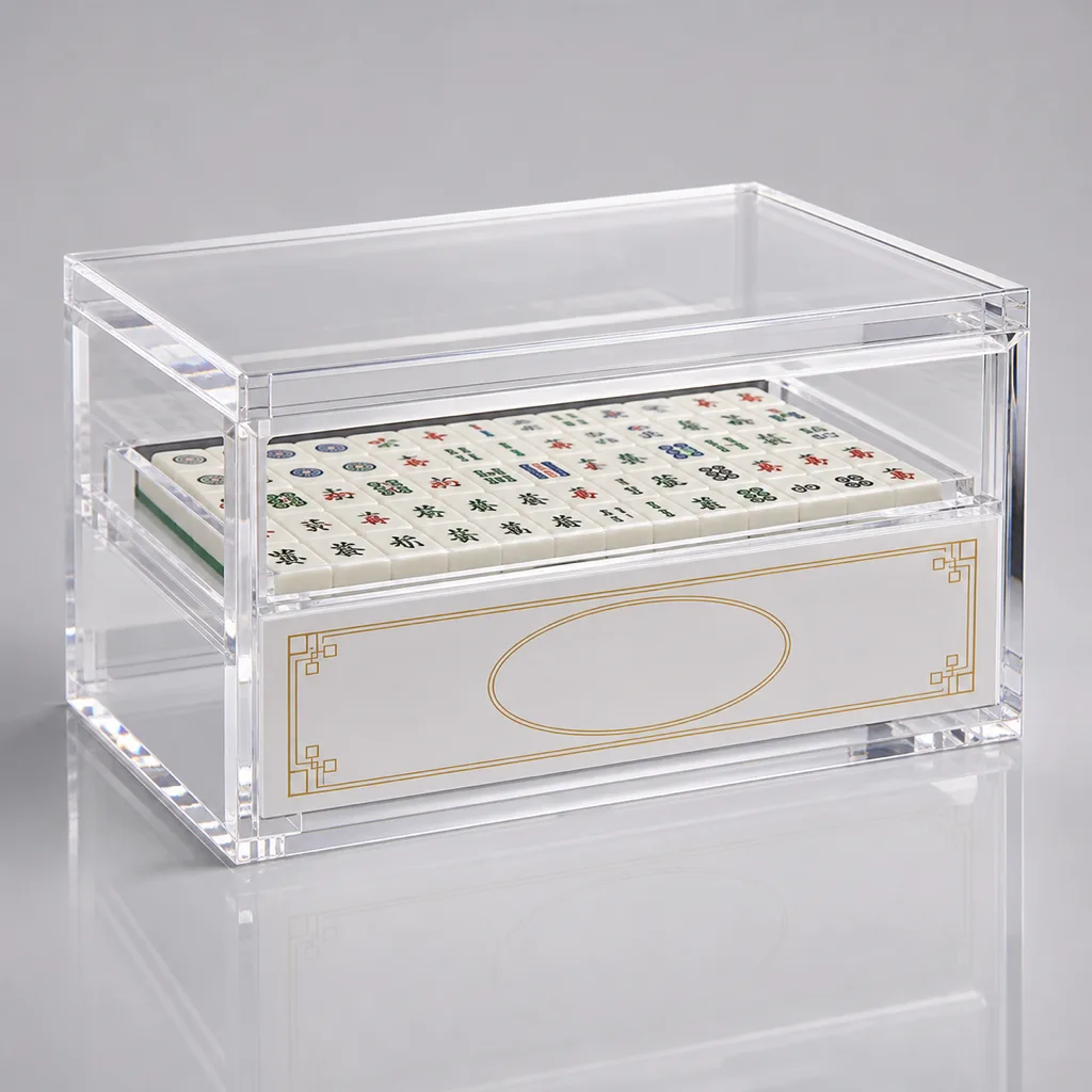 Branded-edition mahjong display case with full-color UV-printed brand artwork on lid panel and Pantone-matched custom case body color