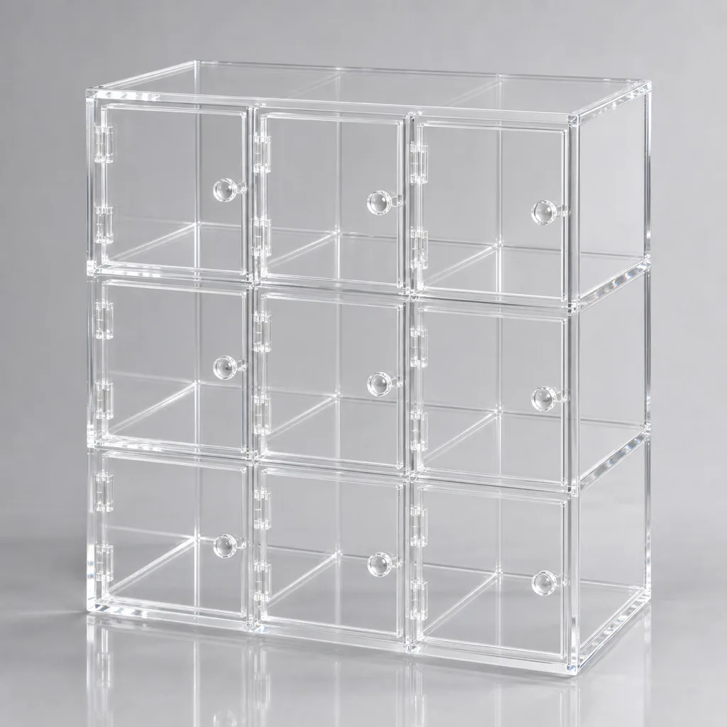 Empty three-by-three clear acrylic cubby cabinet with hinged doors and round pull hardware