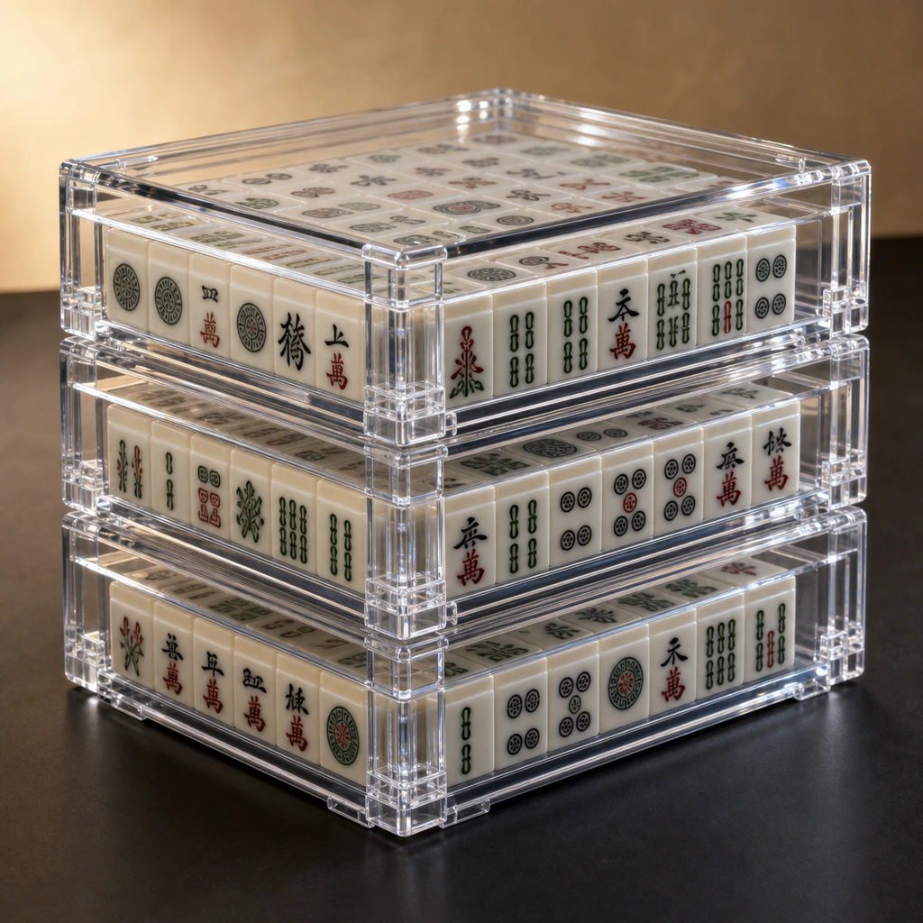 Three stackable acrylic mahjong cases stacked vertically in cast PMMA showing reinforced base and interlocking lip